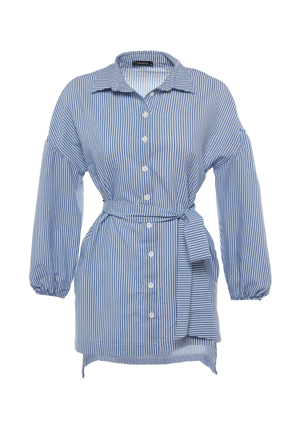 Trendyol Modest-Blau gestreiftes, gewebtes Hemd mit Ballonärmeln und langem Rücken, Gürtel TCTSS22GO0116 5