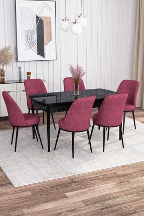 Leona Siyah Mermer Desen 80x132 Mdf Açılabilir Mutfak Masası Takımı 6 Adet Sandalye AZRASYH-06