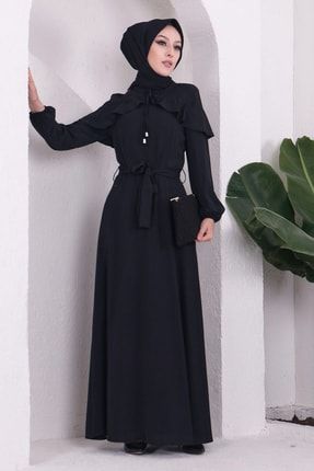 Siyah Pelerin Detaylı Ayrobin Tesettür Elbise IZG654