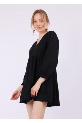 Uzun Kollu Poplin Elbise - Siyah MZR26707