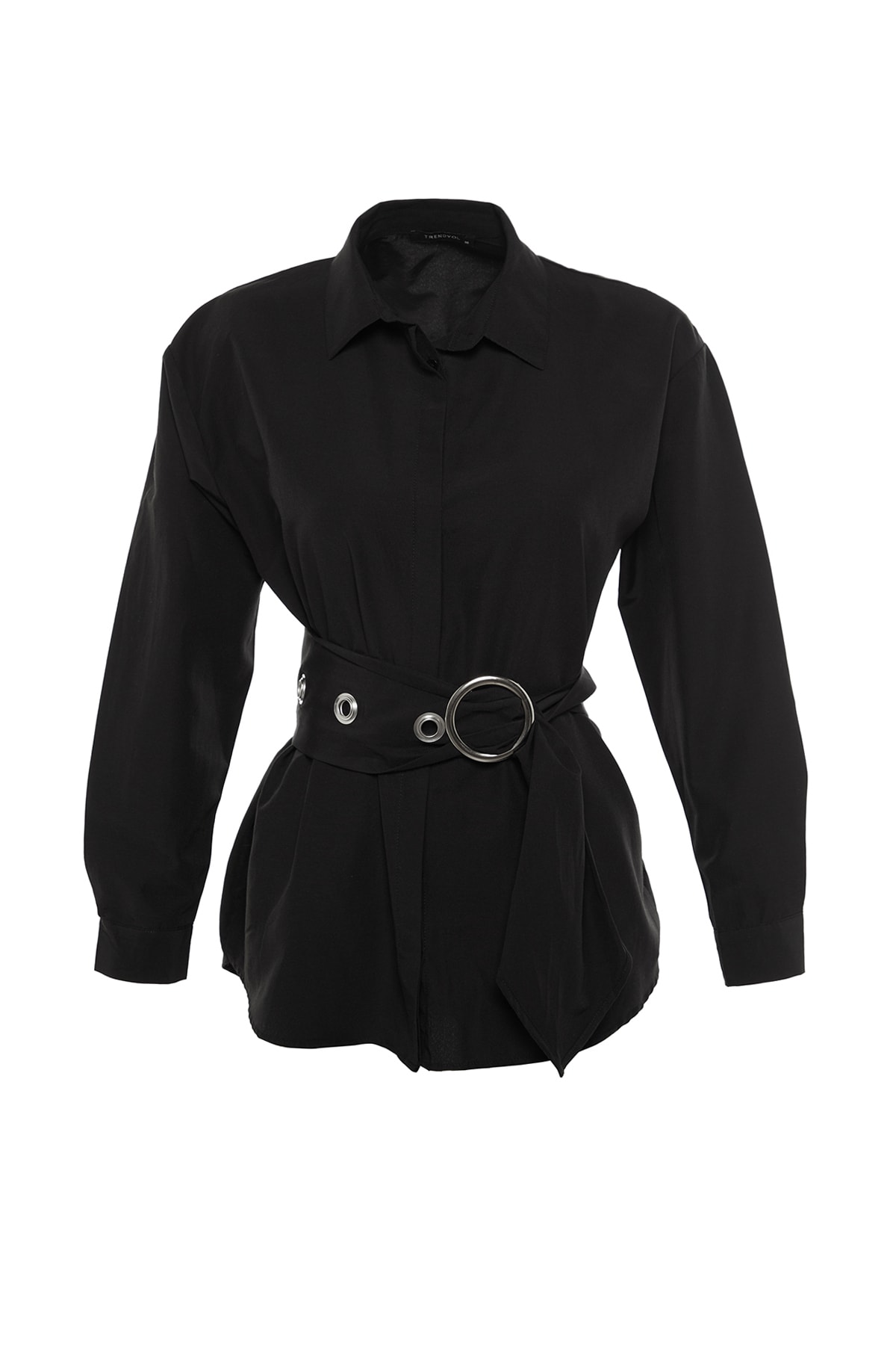 Trendyolmilla  Siyah Kemerli Toka Detaylı Pamuklu Dokuma Gömlek TWOAW20GO0099 - Görsel 8