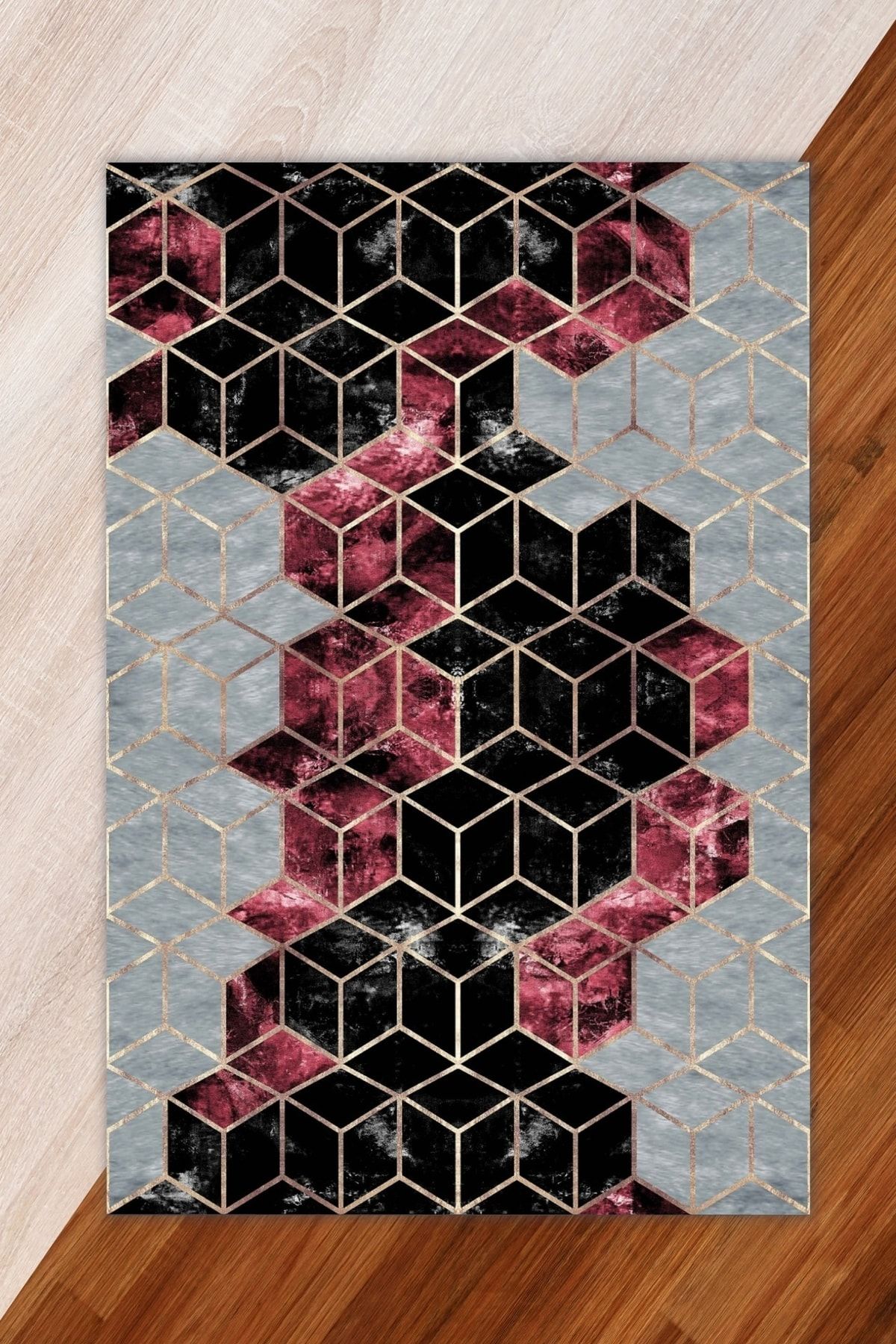 Miray Tekstil-Digital Print Silk Velvet Red Colored Pyramid Pattern Elastic Carpet Cover 2