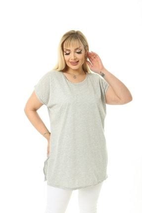 Kadın Büyük Beden Salaş Model Yandan Yırtmaçlı Pamuklu Kumaş Bluz sal09-mxi-09870
