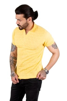 Erkek Sarı Noktalı Örme Desenli Likralı Dar Kesim Polo Yaka Tişört GUAY2209008