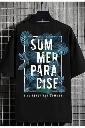 Erkek Siyah Oversize T-shirt Summer Paradise Baskılı SPX202211