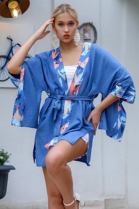 Kadın Mavi Japone Kol Kuşaklı Dokuma Kimono M10210400KM99859