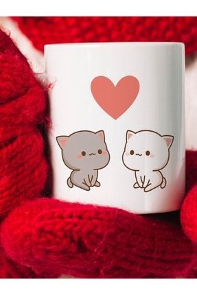 Mochi Cat Sevgili Sevgililer Günü Baskılı Beyaz Kupa Bardak 12sfqqrax001