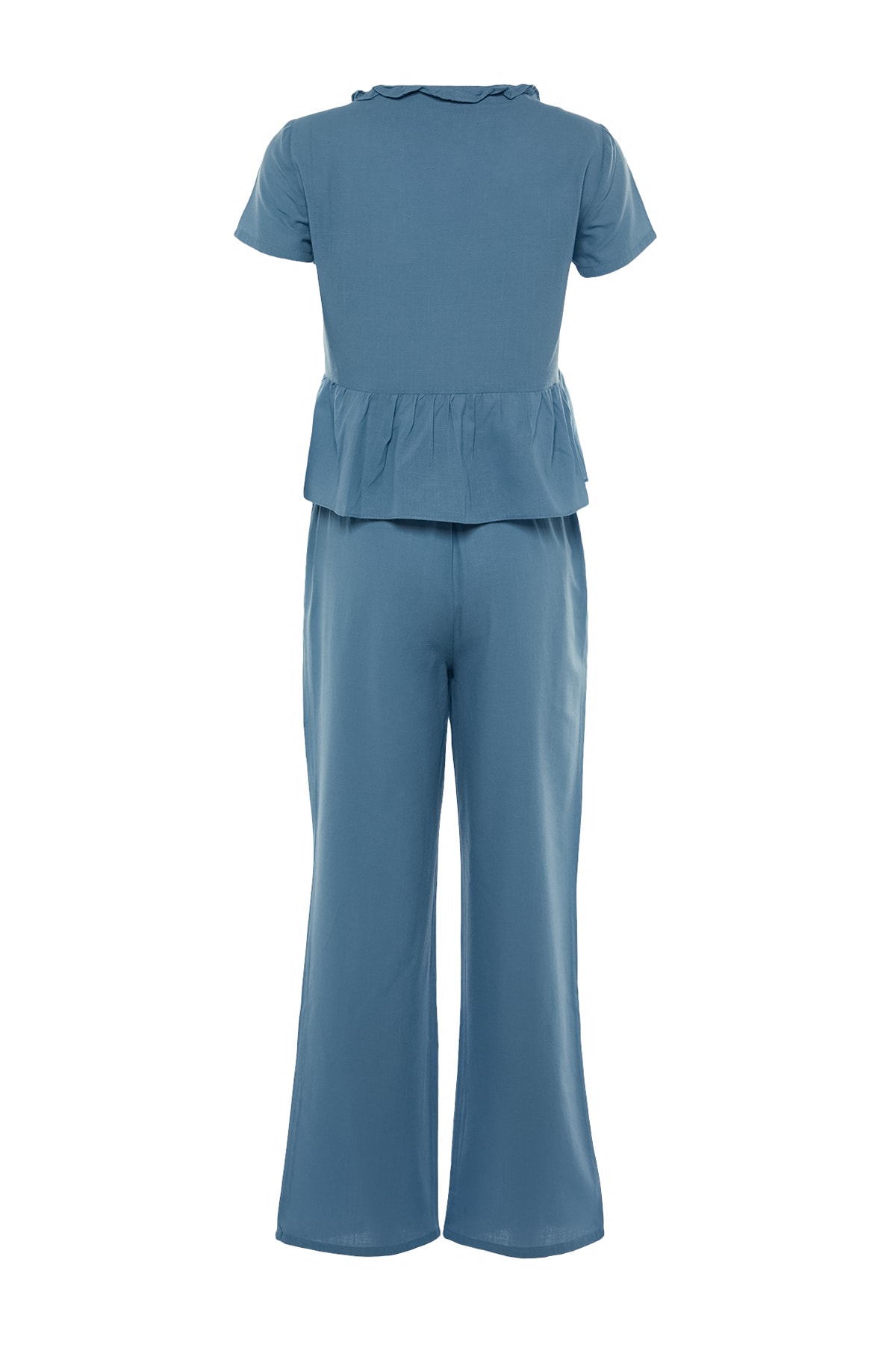Trendyolmilla  Mavi Fırfırlı T-shirt-Pantolon Viskon Dokuma Pijama Takımı THMSS20PT0095 - Görsel 8
