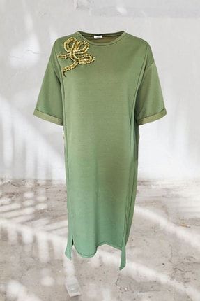 Gold Işlemeli Yeşil Penye Oversize Elbise GİYPVE