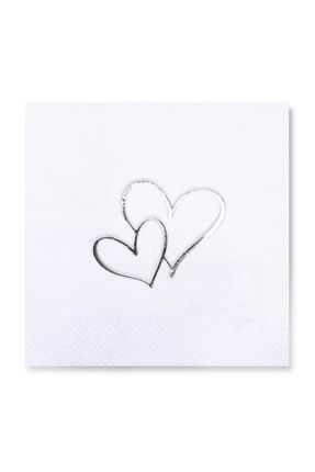 33x33 Cm Gümüş Varak Kalpler Desenli 16'lı Beyaz Renkli Kağıt Peçete SB-1127