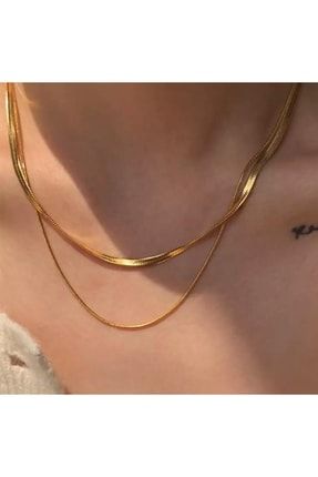 Italyan Ezme Snake Ikili Set Kadın Kolye Zincir Gold Çelik Üzeri Altın Kaplama Garanti Belgeli JDN156KLY