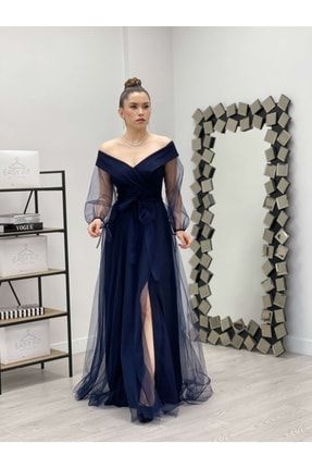 Kayık Yaka Tül Elbise - Lacivert GYM-38818