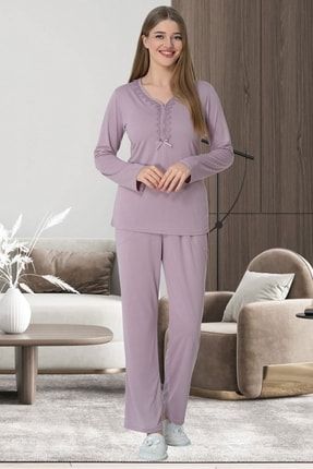 Kadın Gül Kurusu Büyük Beden Uzun Kollu Pamuk Penye Pijama Takımı 5639