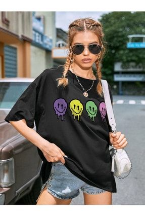 Unisex Emoji Renkli Baskılı Oversize T-shirt 524851212