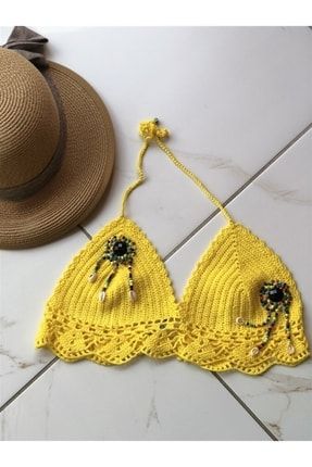 Sarı Renk Üzeri Boncuk Işlemeli Boyundan Bağlamalı Örgü Bikini & Büstiyer TYC00435603385