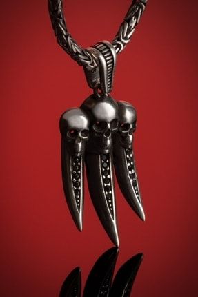 Erkek 925 Ayar Gümüş Kurukafalı Pençe Kolye Mini Siyah Taşlı Kral Zincirli PTK-494-04