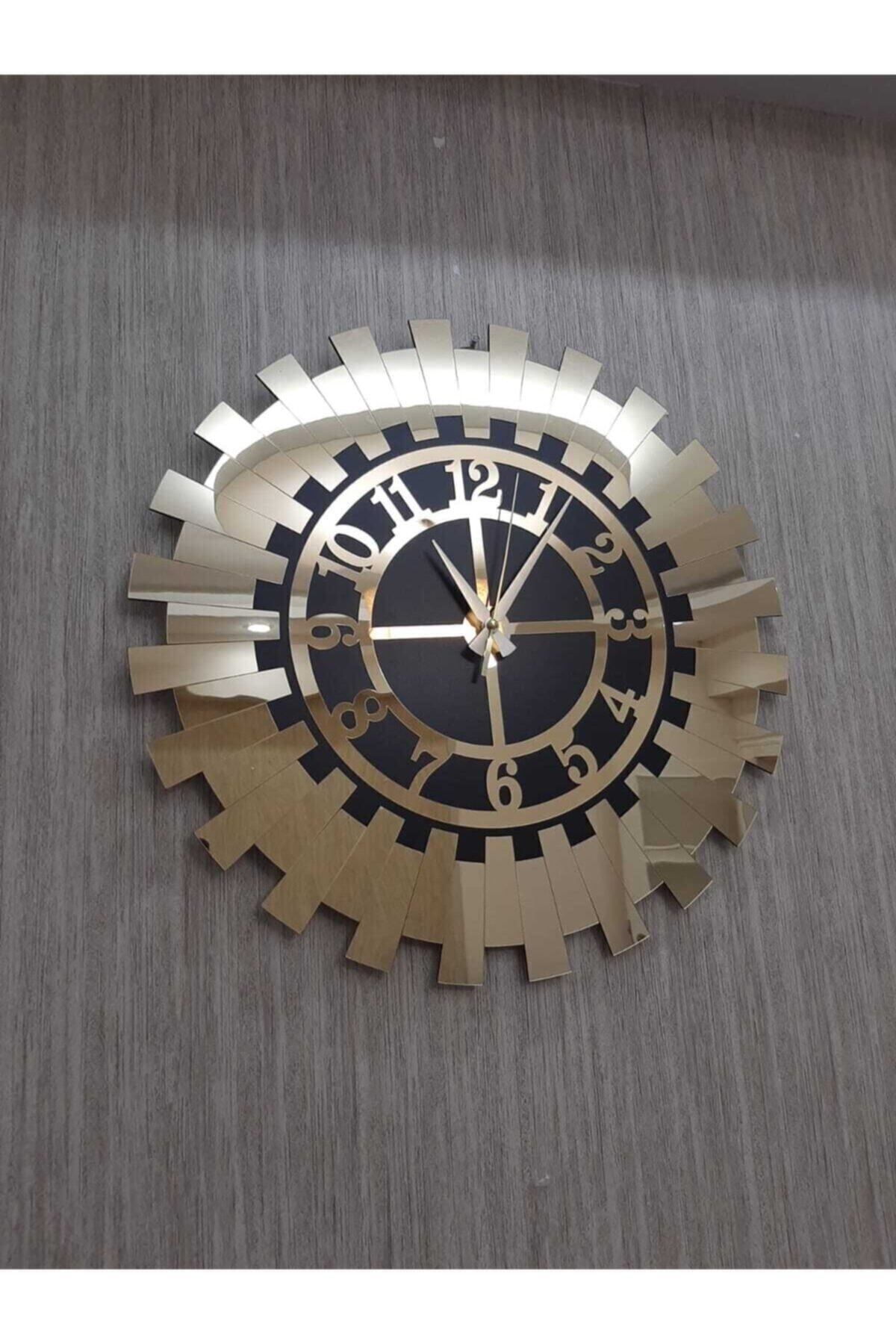 Tuba Decor Büyük Dekoratif Gold Güneş Duvar Saati Modern Aynalı Pleksi Türk Rakamlı 60x60