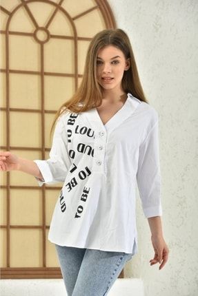 Gömlek Yaka Baskılı Uzun Kollu Beyaz Kadın Bluz BLZ-BSL1815-BYZ-B1815