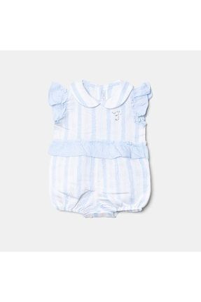 Kız Bebek Bebe Yaka Fırfırlı Mavi Beyaz Çizgili Yenidoğan Bebek Tulumu 2044