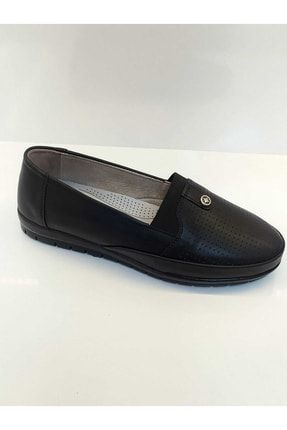 Siyah Düz Ortapedik Taban Rahat Esnek Full Comfort Deri Günlük Kadın Ayakkabı 142