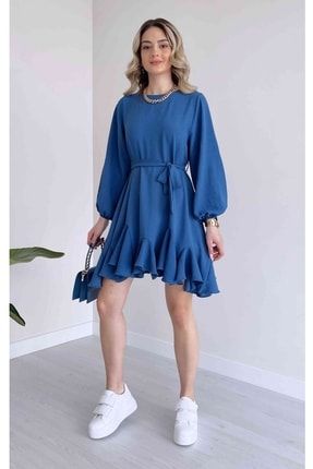Pamuklu Aerobin Kumaş Kuşak Detaylı Eteği Volanlı Uzun Kollu Mavi Spor Abiye Elbise 044 BS-DKS-044