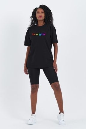 Unisex Oversize Pamuklu Be Original Renkli Baskılı Siyah T-shirt mdl-ovrtshirt-37