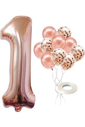 Büyük Rakam Balon Rose Gold 1 Yaş + Konfeti Pullu Şeffaf Balon Ve Metalik Rose Gold Balon Hediyeli TYC00436631983