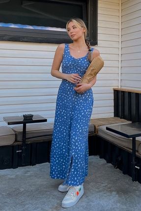 Kadın Mavi Önden Büzgülü Arka Bel Lastikli Yırtmaçlı Viskon Elbise CT08080