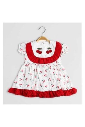 Kiraz Nakışlı Kız Çocuk Pamuklu Kırmızı Fırfırlı Kısa Kol Kiraz Elbise Kirazli Elbise 444K