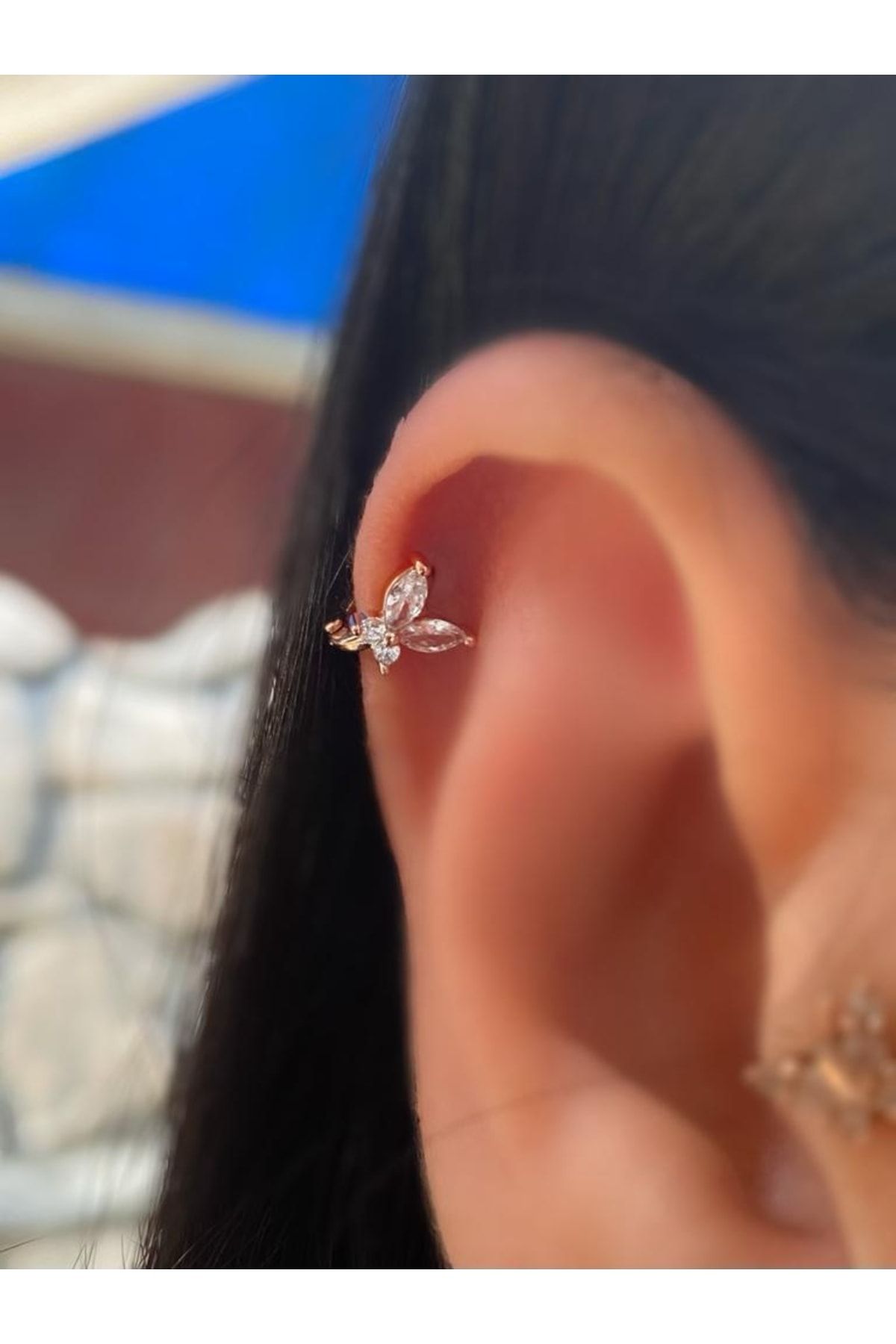 Zirkon Taşlı ROZEGOLD HALKA Kelebek Tragus Piercing