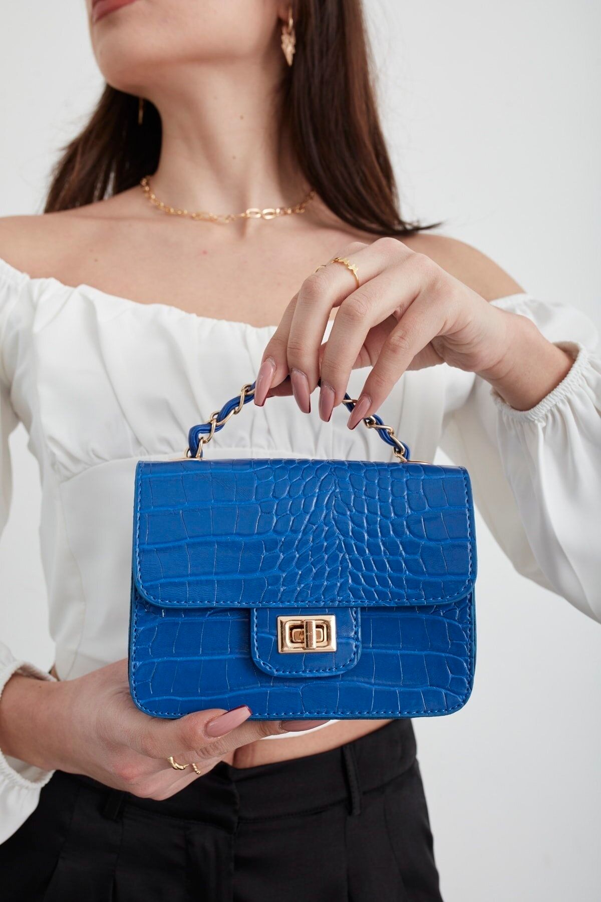 MEİZEN Saks Mavisi Kadın Kroko Desenli Mini Omuz Çantası BY8435