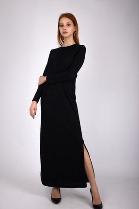 Kadın Siyah Sıfır Yaka Yırtmaçlı Uzun Elbise LR1