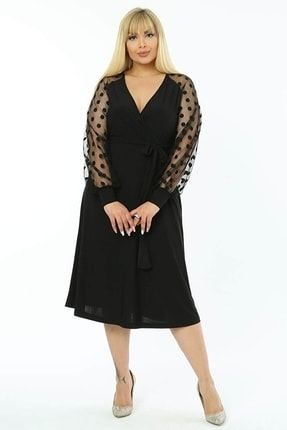 Kadın Siyah Kruvaze Yaka Puantiye Ve Tül Detay Esnek Sandy Kumaş Elbise 76800