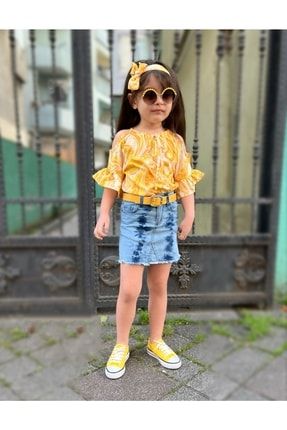 Kız Çocuk Üst Digital Baskı Krep Alt Full Likralı Cepli Kot Etek Bandana Ve Sarı Kemer 4lü Takım TFK22116