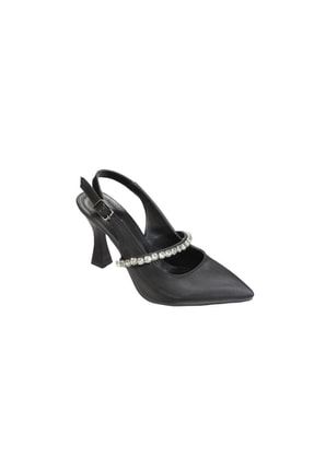 Yazkış Kadın Siyah Saten 8cm Kadeh Topuklu Üzeri Taşlı Arkası Açık Stelletto Topuklu Ayakkabı YKA18-108