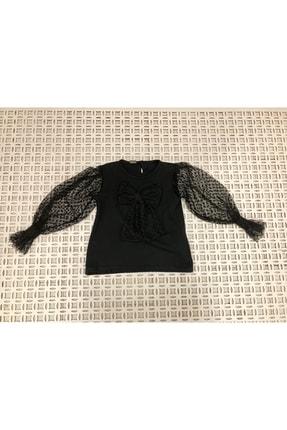 Kız Çocuk Siyah Kolu Tül Detaylı Bluz bluz-03