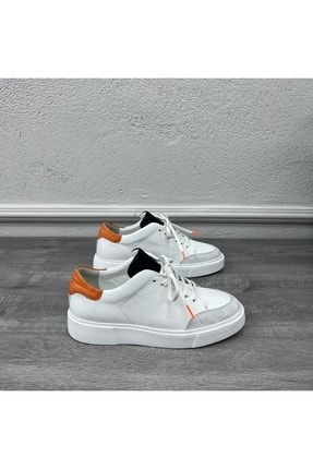 Erkek Içi Dışı Deri Eva Taban Sneakers Bağcıklı Arkası Turuncu Ayakkabı -beyaz P2133S436