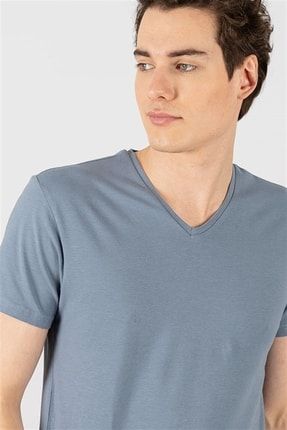Slim Fit Dar Kesim V Yaka Düz Basic Kısa Kol T-shirt TS190002-SOB