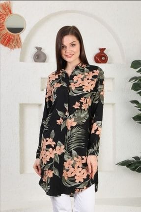 Kadın Viskon Tunik Gömlek Kısa Elbise Siyah Bej Haki Yeşil Çiçekli Desen Visgt22
