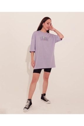 Oversize Baskılı Lila T-shirt 2203BT004