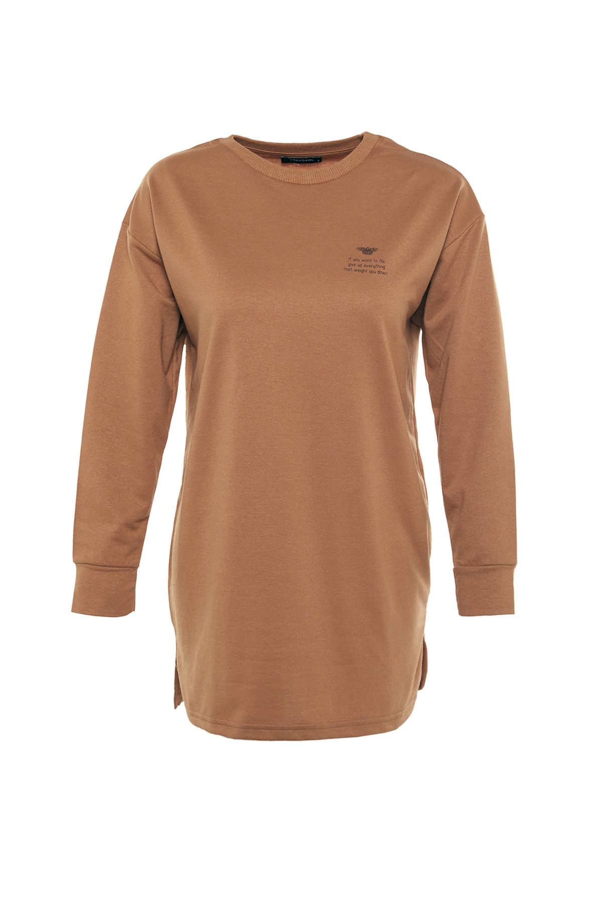 Trendyol Modest-Tunika z dzianiny z wycięciem pod szyją i okrągłym dekoltem taupe. TCTAW22UK0048 6