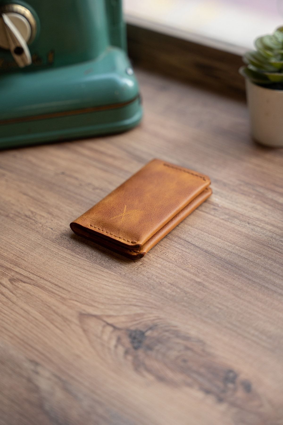 minimal X design-Minimal X Fold Card Holder - Camel - Real Leather & Handmade 3