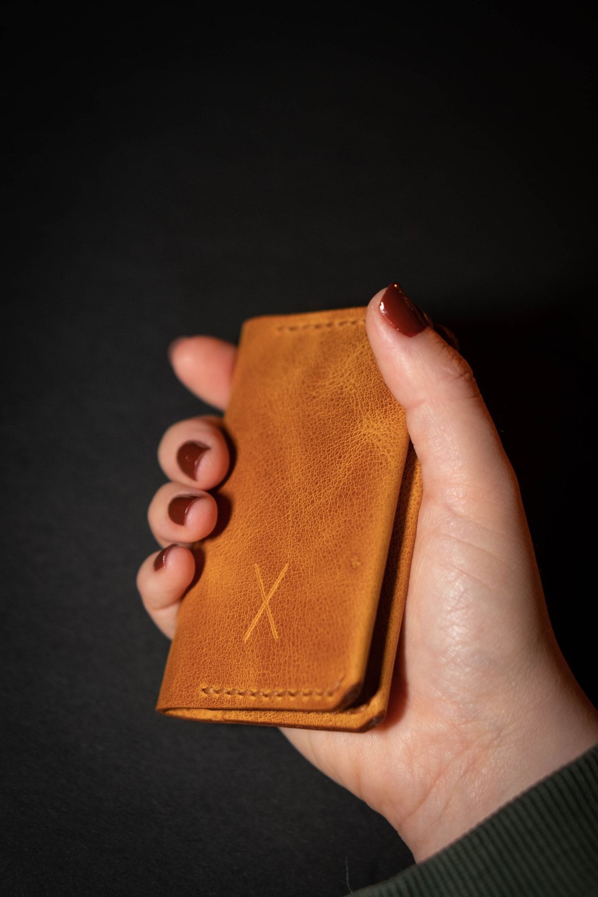 minimal X design-Minimal X Fold Card Holder - Camel - Real Leather & Handmade 5
