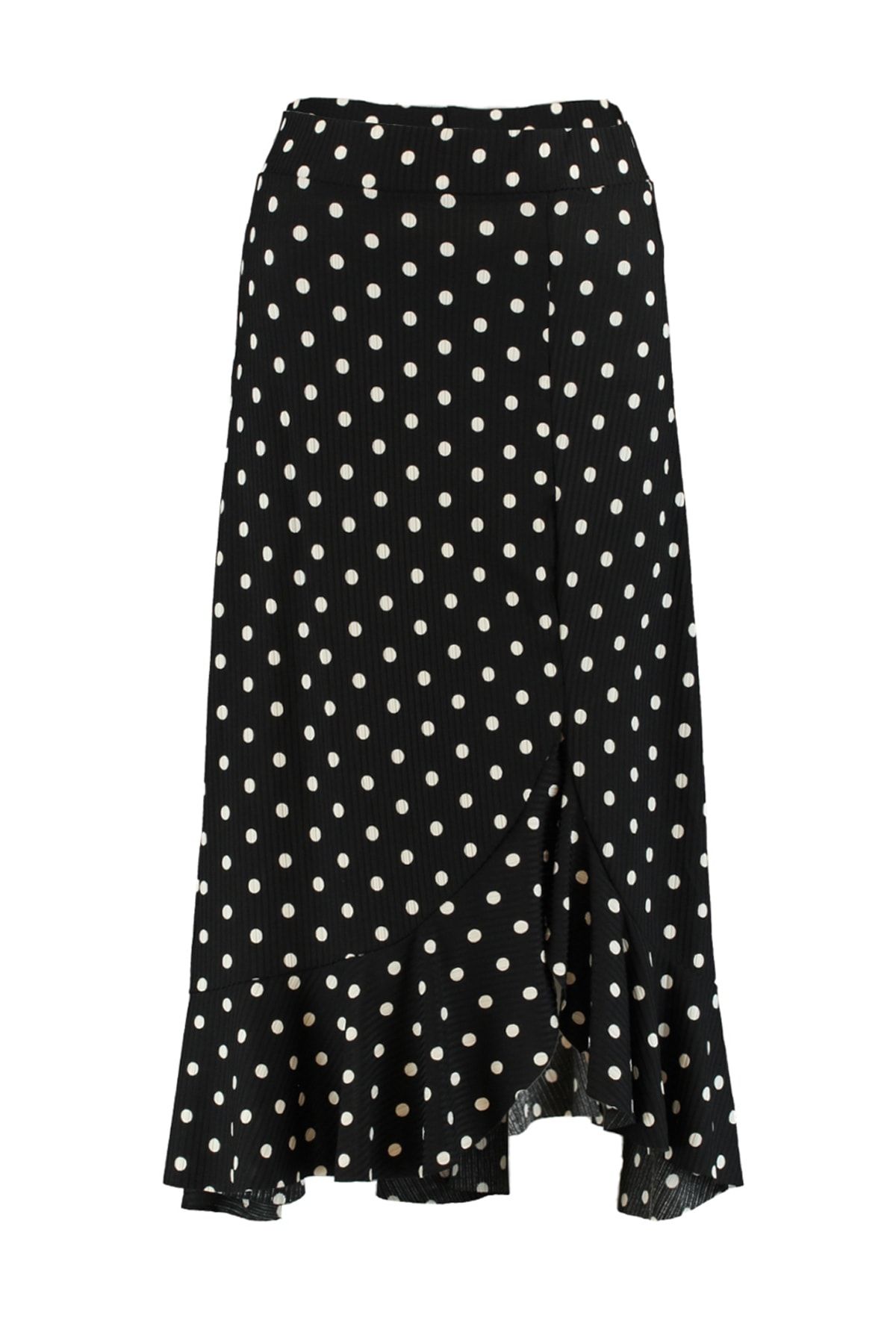 Trendyol Collection-Black Polka Dot Patterned High Waist Midi Stretch Knitted Skirt with Gather Detail and Flounce TWOSS21ET0029 7