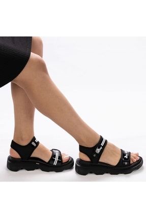 Kadın Hakiki Deri Siyah Cırtlı Kalın Tabanlı Ultra Rahat Günlük Spor Sandalet PRA-5930867-244211