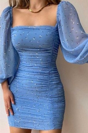 Kadın Kalem Elbise Mavi Yazlık Elbise şifonelbise2