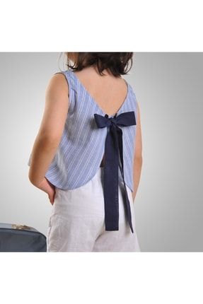 Kız Çocuk Mavi Çizgili Fiyonlu Bluz MFB-22007