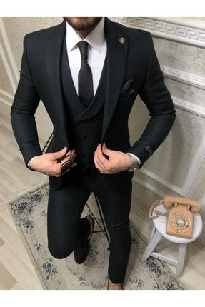 Italyan Stil Slim Ceket Yelek Pantolon Siyah Takım Elbise kls2