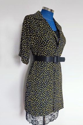 Kadın Siyah Sarı Desenli Kombinezon Astarlı Kemerli Şık Elbise Abiye Elbise-113 LOOK-113