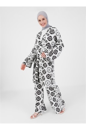 Geometrik Desenli Kimono&pantolon Ikili Takım - Siyah Beyaz - Casual 8182671